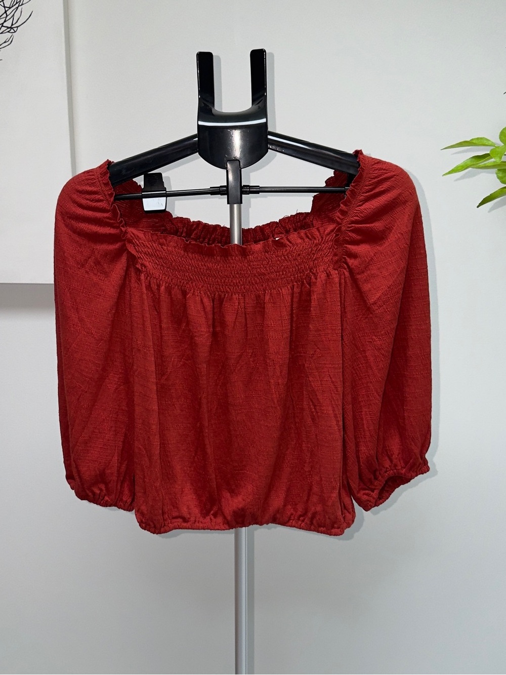 Max Studio Red Off-Shoulder Smocked Peasant Top